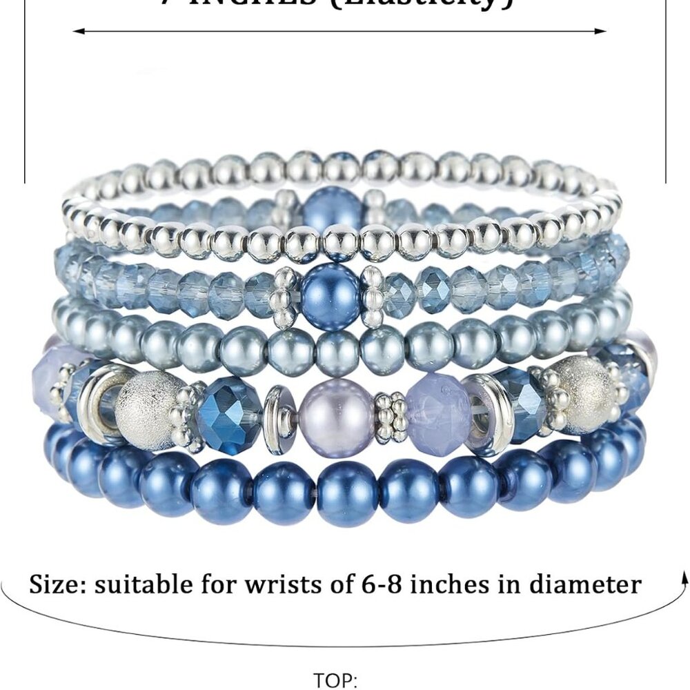Beaded Pearl Silver Stackable Bracelets Crystal G… - image 6